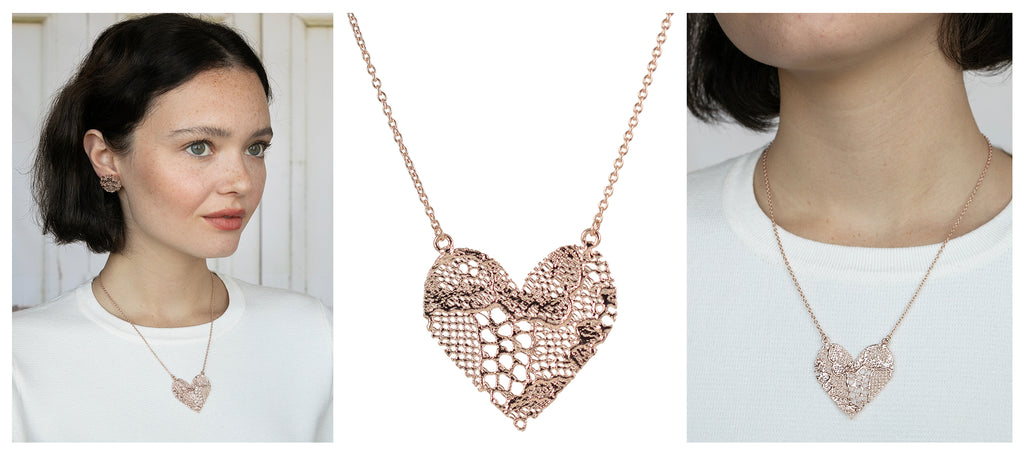 Ryan lace heart necklace made from Chantilly lace dipped in rose gold.