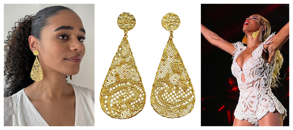 Leopoldine lace earrings in 24k gold worn by Beyoncé.