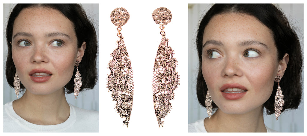 Cameron lace earrings in rose gold with eyelash fringes