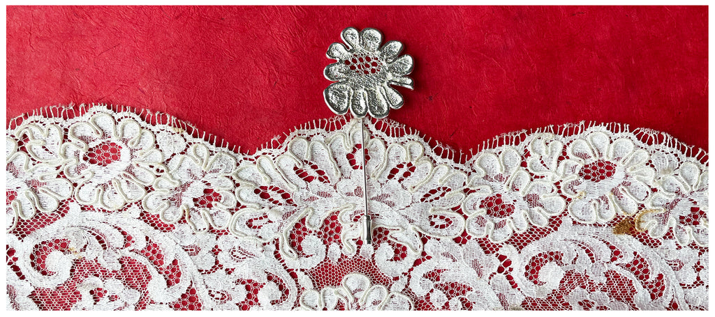 Silver lace lapel pin made from weddingdress Alençon lace