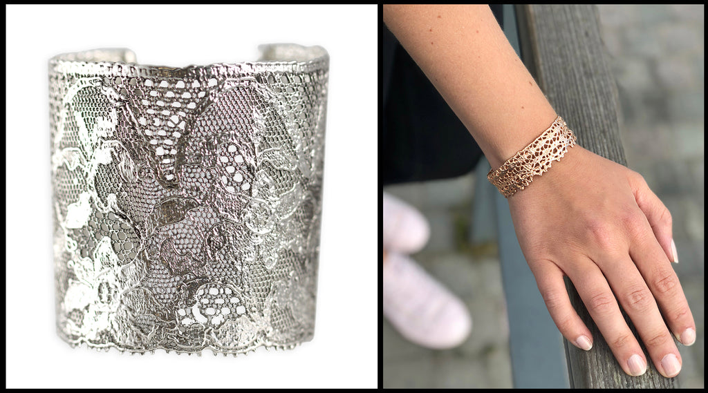 Lace cuff bracelets large and small in sterling silver and rose gold