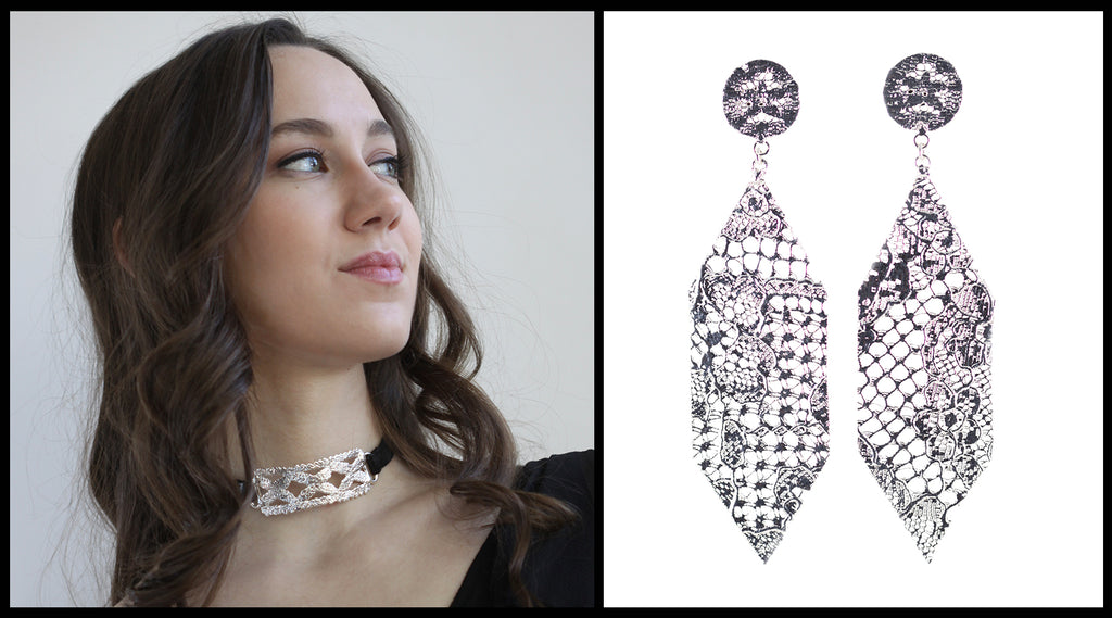 Edgy Lace Choker in sterling silver and Lace Earrings in Sterling silver