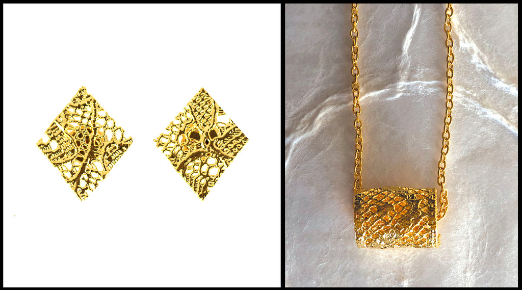 Small lace jewelry in 24k gold - stud earrings and pendant necklace
