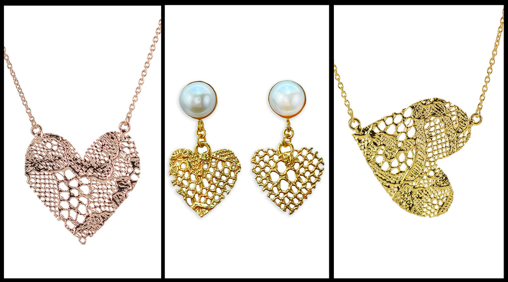 Lace heart jewelry in rose gold or 24k gold