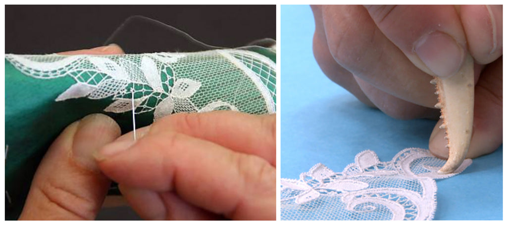 Alençon lace being made and polished with a lobster claw