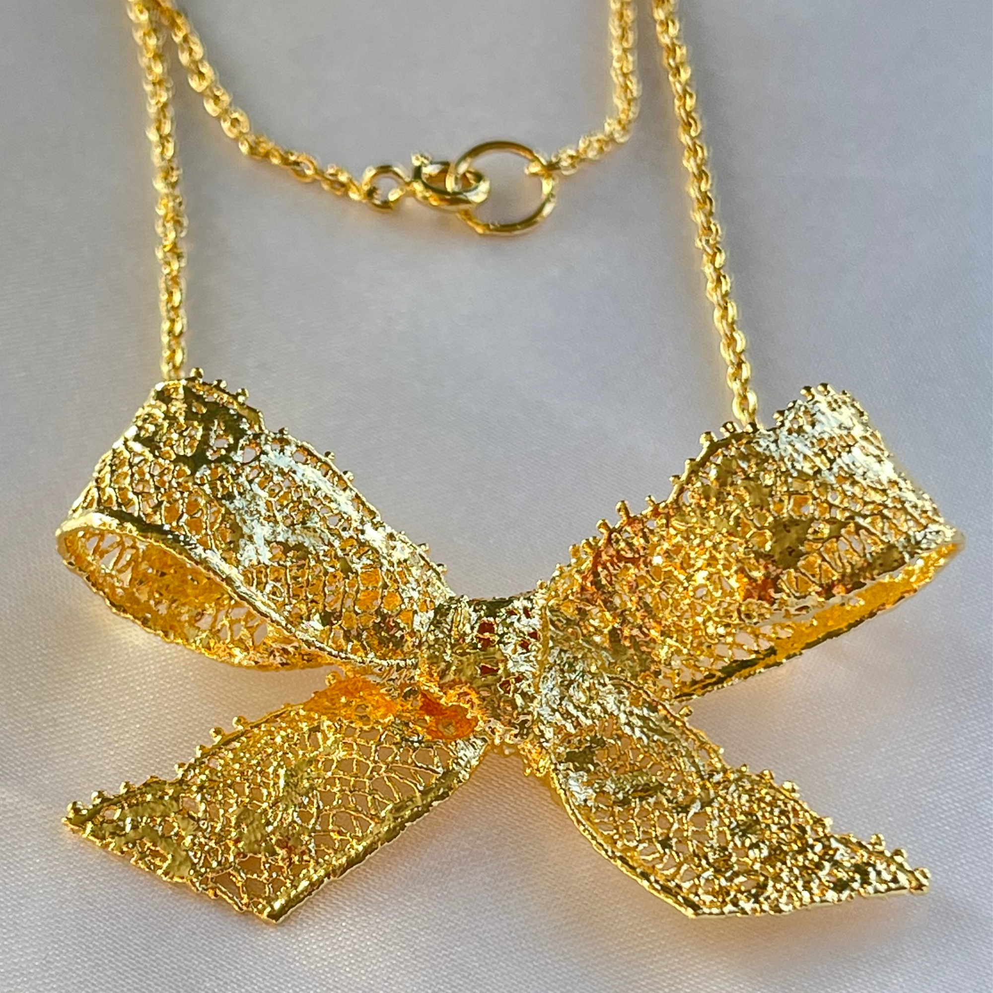 Micheline Lace Bow Necklace in 24K Gold