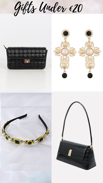 Gifts under €20. The faith black quilted square shoulder bag with chain strap, the cross shaped earrings, the embellished hairband and the gabriella single strap 90s style handbag