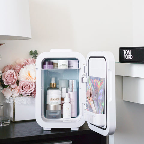 skincare fridge, cosmetic fridge, cosmetics fridge, beauty fridge, makeup fridge