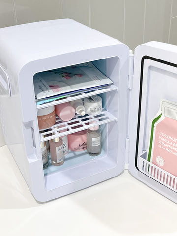 skincare organization, beauty storage, skincare fridge, cosmetics fridge shelfie