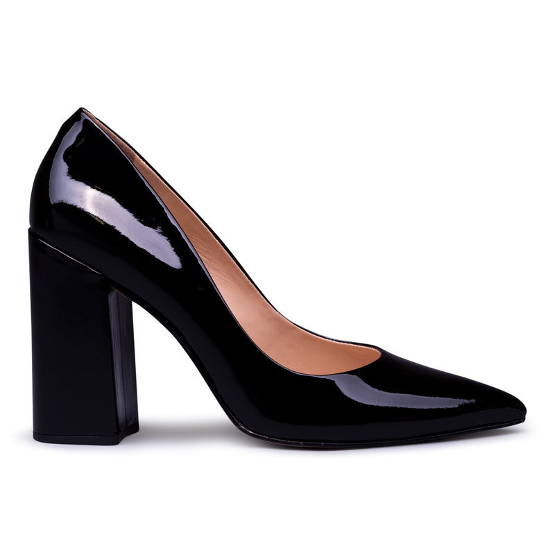 black patent leather block heel pumps