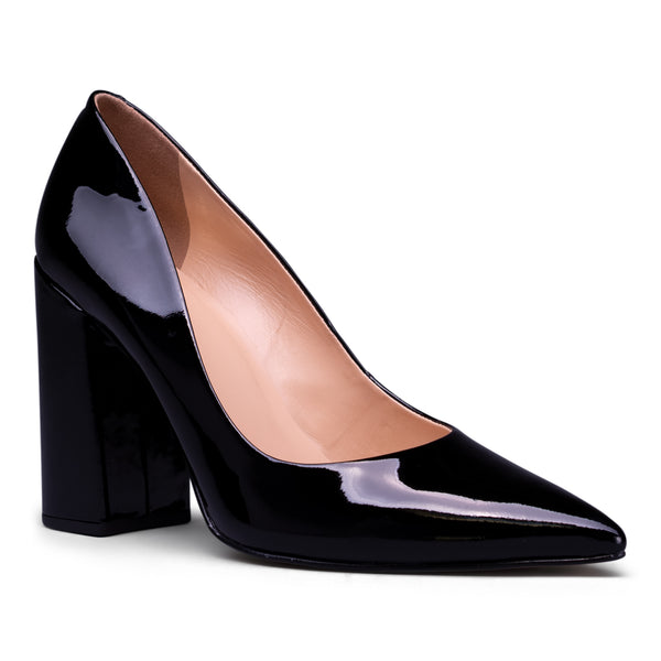 black patent leather block heel pumps