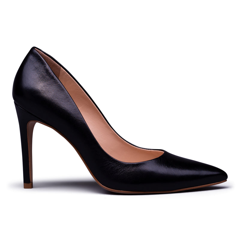 black leather stiletto heels