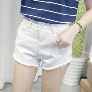 Tassel Hem Denim Shorts, cotton denim material, tassel pocket zipper decoration, mid rise waist, white color