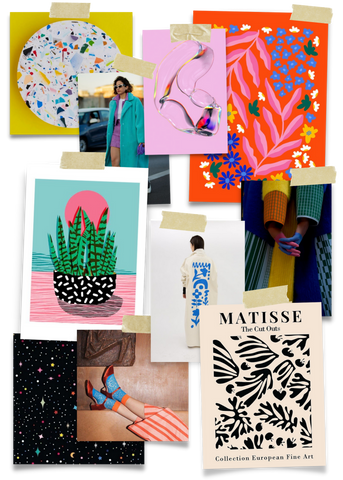 march mood board. matisse, black and white patterns, and vivid colors