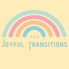 joyful transitions pdx. Rainbow over pale yellow background.