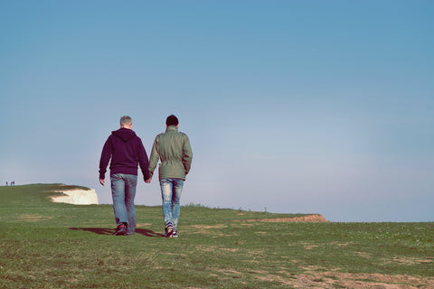 gay couple walking along cliffs holding hands