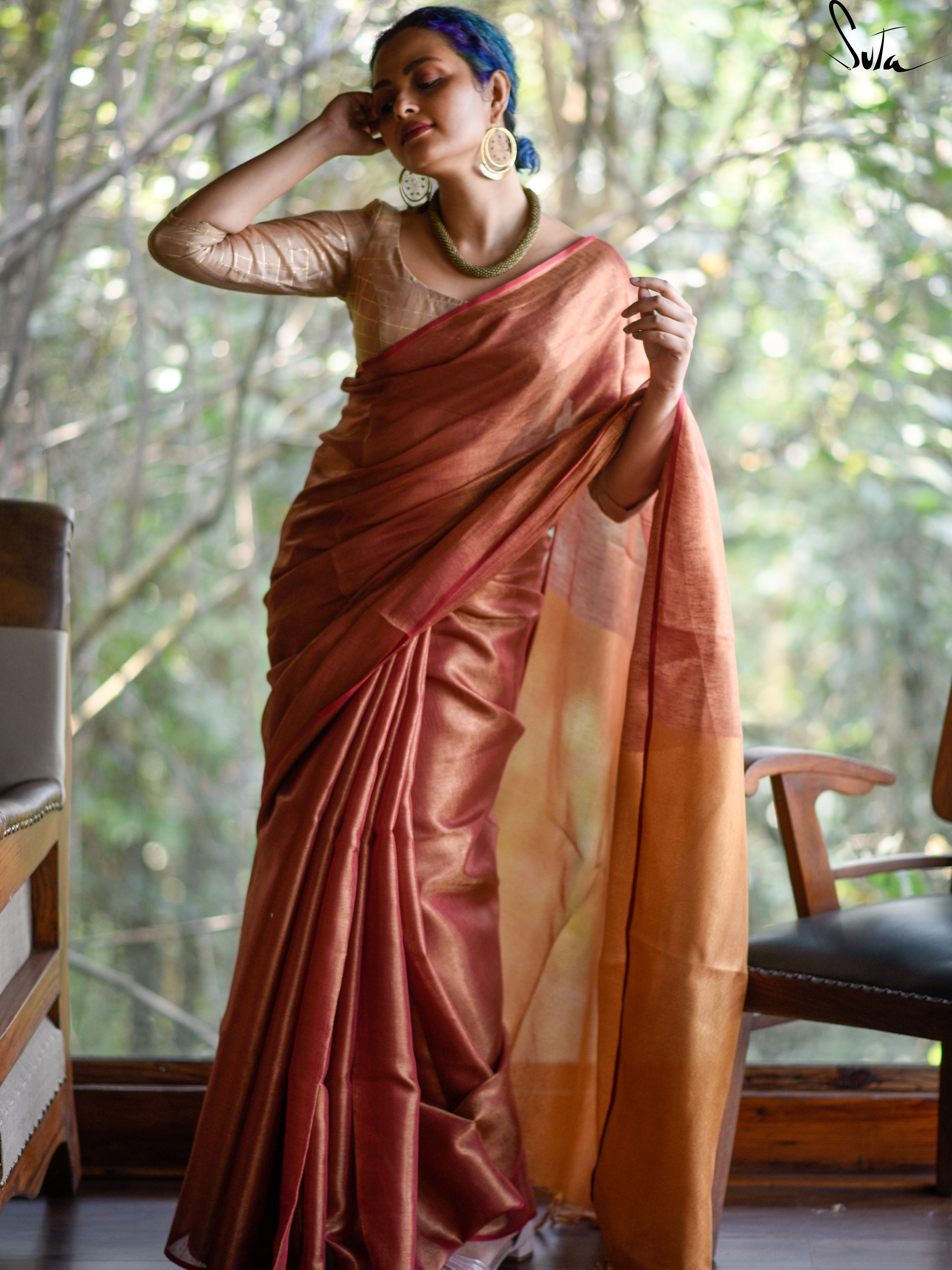 Zari Cream Colour Linen Saree, Raga Shanmukhapriyam