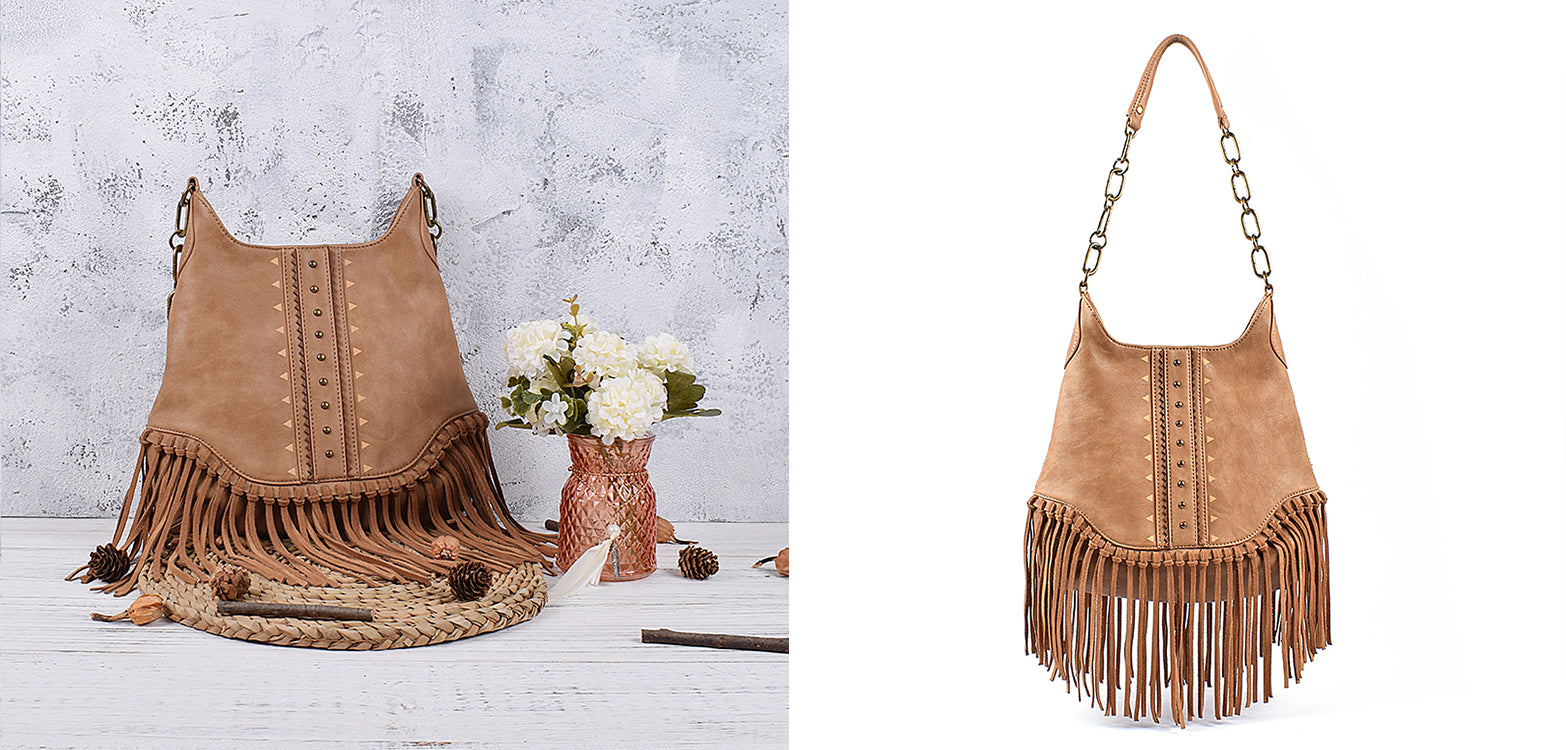 Brown Cross Body Bag Vegan Suede Leather Boho Embroidery Fringe