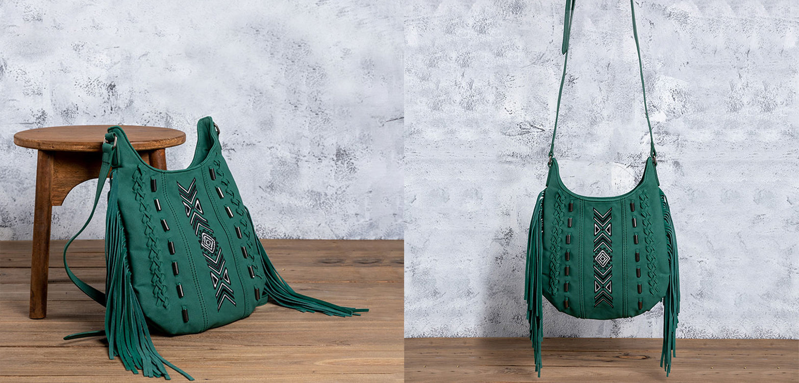 Vintage Green PU Leather Boho Fringe Crossbody Bag Purse for Women