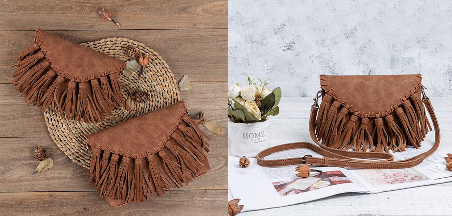 Icon - Crossbody Tote with Boho Fringe, Braided Handle Plain