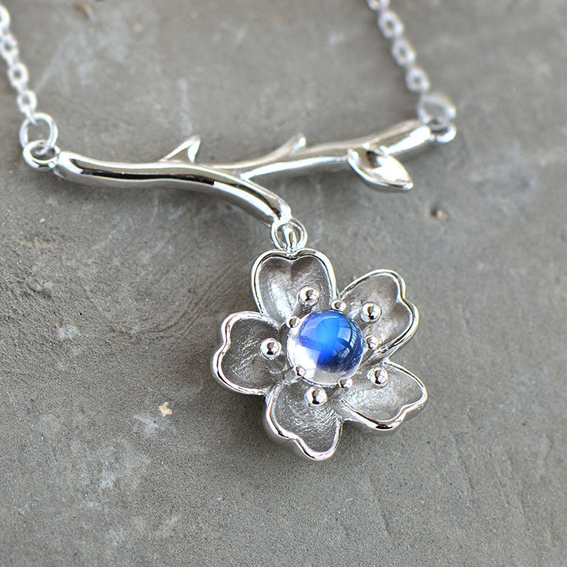 Moonstone Sakura Pendant Necklace in White Gold Plated Silver Jewelry ...