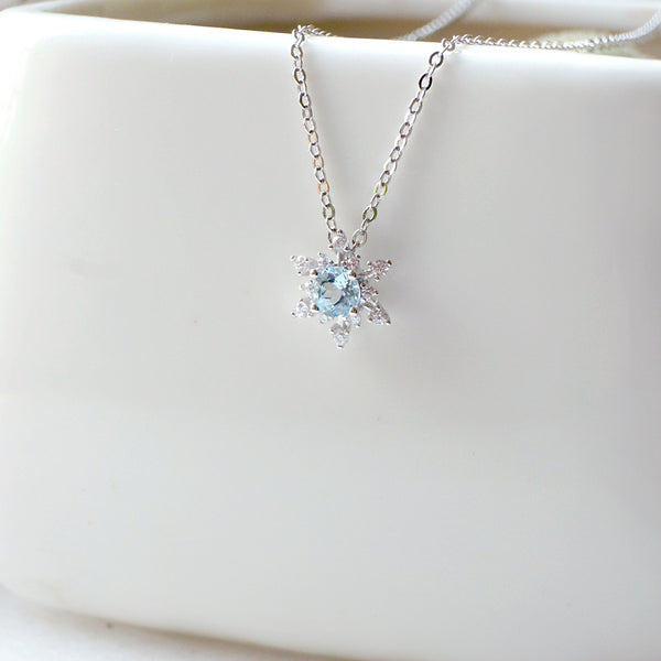 Aquamarine Snowflake Pendant Necklace with Diamond Halo in White Gold ...