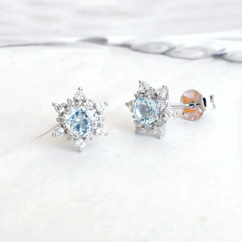 Aquamarine Snowflake Stud Earrings with Diamond Halo in White Gold Pla ...