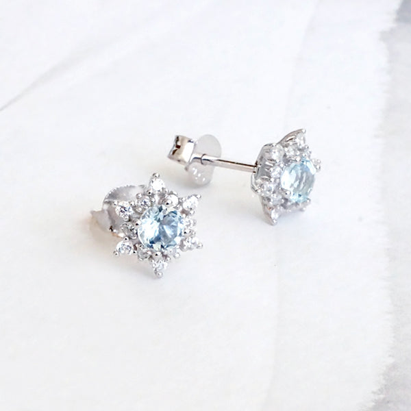 Aquamarine Snowflake Stud Earrings with Diamond Halo in White Gold Pla ...