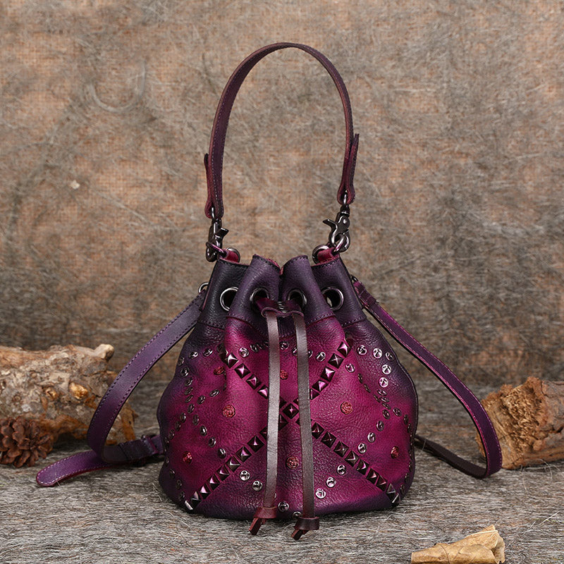 Rivets Leather Bucket Bag Designer Crossbody Bags Purse for Women – igemstonejewelry