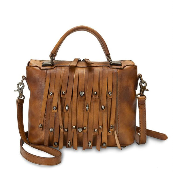 Vintage Women's Boho Genuine Leather Fringe Handbags Cross Shoulder Bag For Women Brown