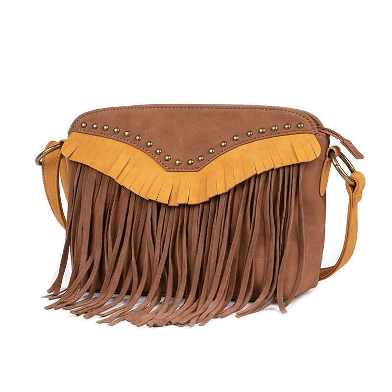 tan suede tassel bag