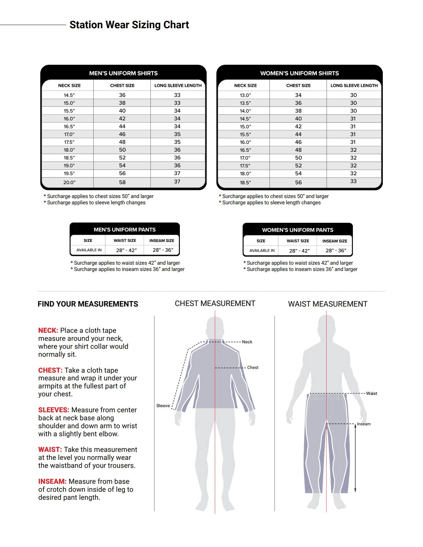 Station Wear Sizing Chart