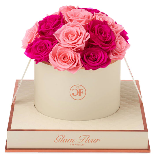 Hot Pink Preserved Roses In Silver Glitter Box – Flowers By Crystal