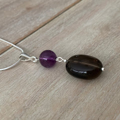 Handcrafted sterling silver snake chain with amethyst and smokey quartz pendant 