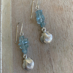 Sterling silver handmade earrings with aquamarine chips and shell charms 