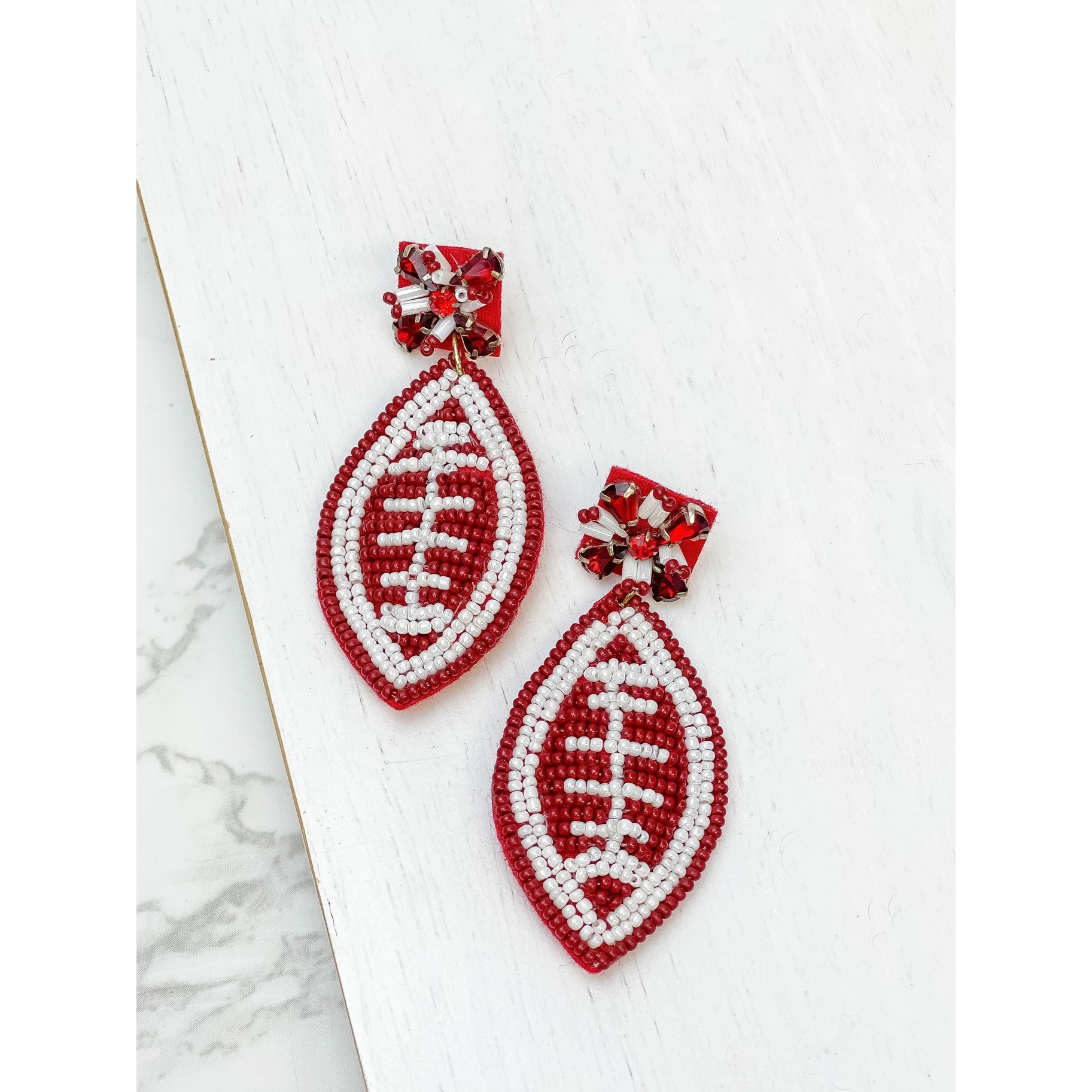 Glitzy Post Football Dangle Earrings, Red & White