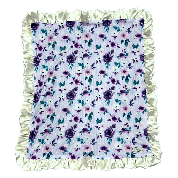Sugar Plum Floral Purple Baby Blanket, Gift Collection, White Ruffled 30"x 36" Baby Blanket