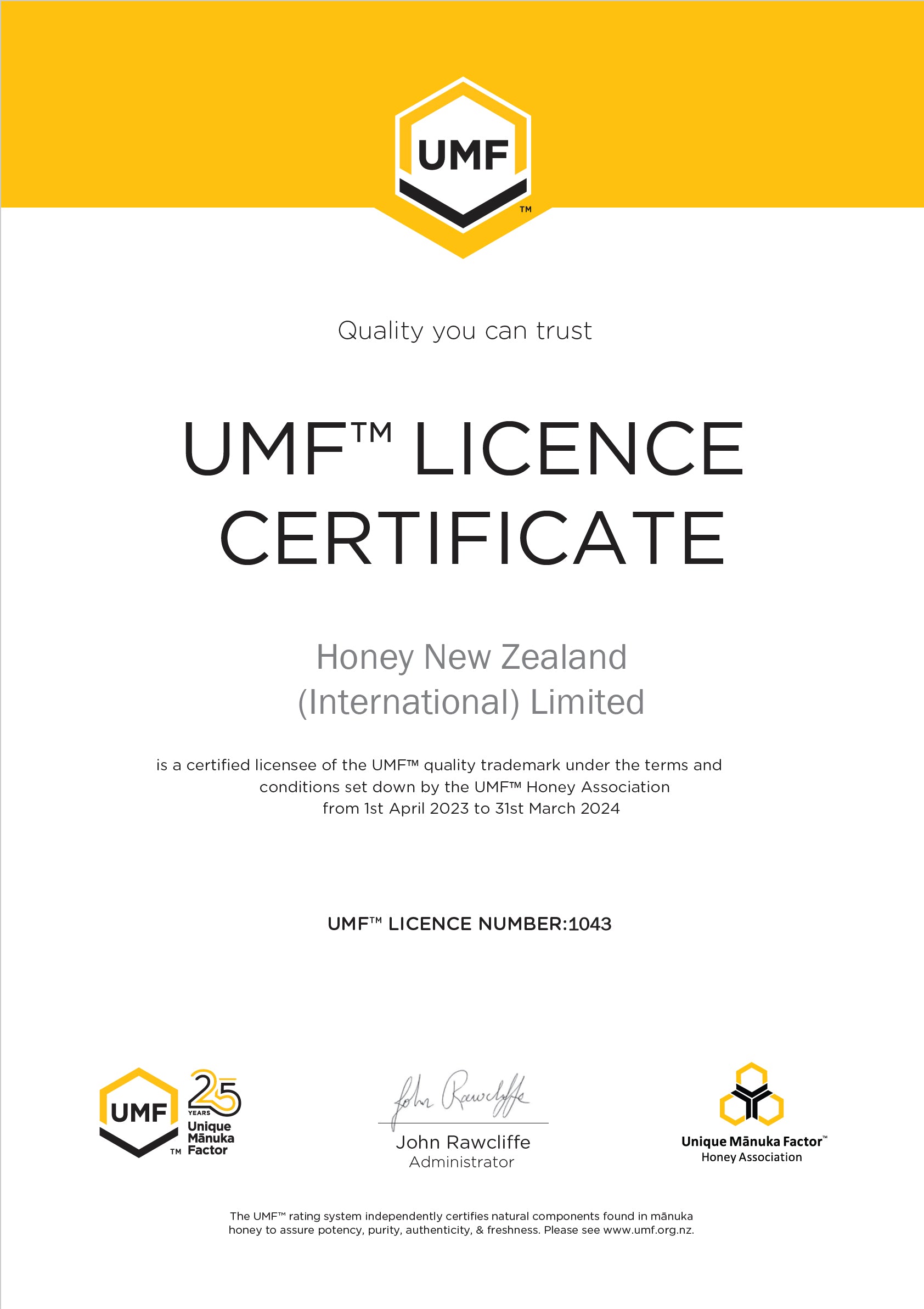Honey New Zealand UMF Licence 1043