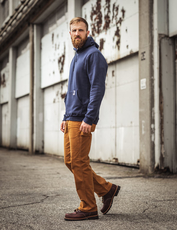 Dave's New York logo sweatshirt and Carhartt Cotton Duck Work Pants