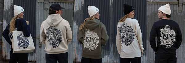 Henbo Henning X Dave's New York collab featuring hoodies, long sleeve t-shirts, and canvas totes