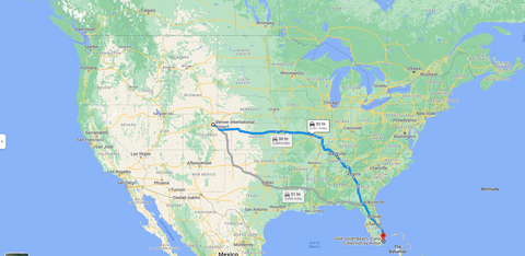 Google Maps Image of the continental United States with travel route from Denver, CO to Miami, FL highlighted