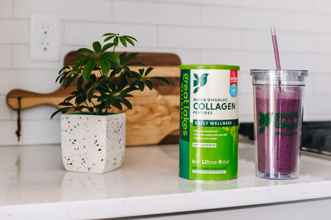 Collagen and Berry smoothie on counter top