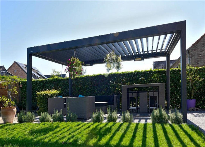 Motorized Balcony Roof Garden Pergola With Glass Side Wall Design