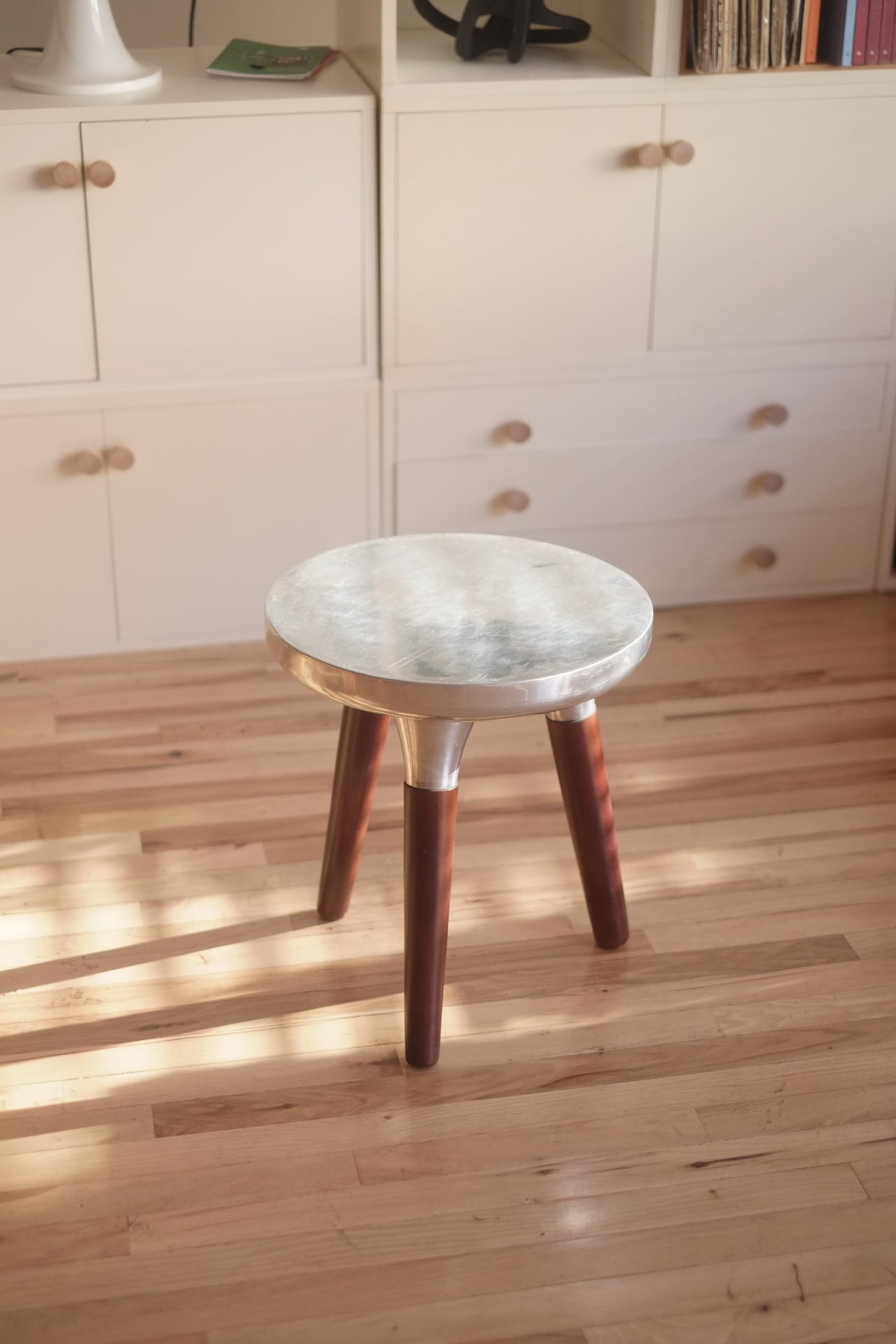 RENT: Metal and wood tripod side table/ stool