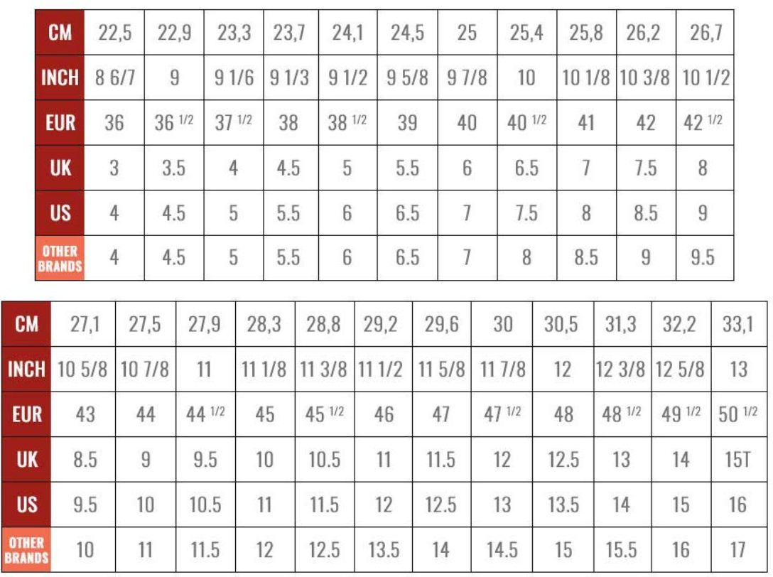 Size Chart – KO SPORTS EQUIPMENT