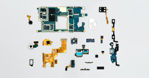 Phone components during a repair.