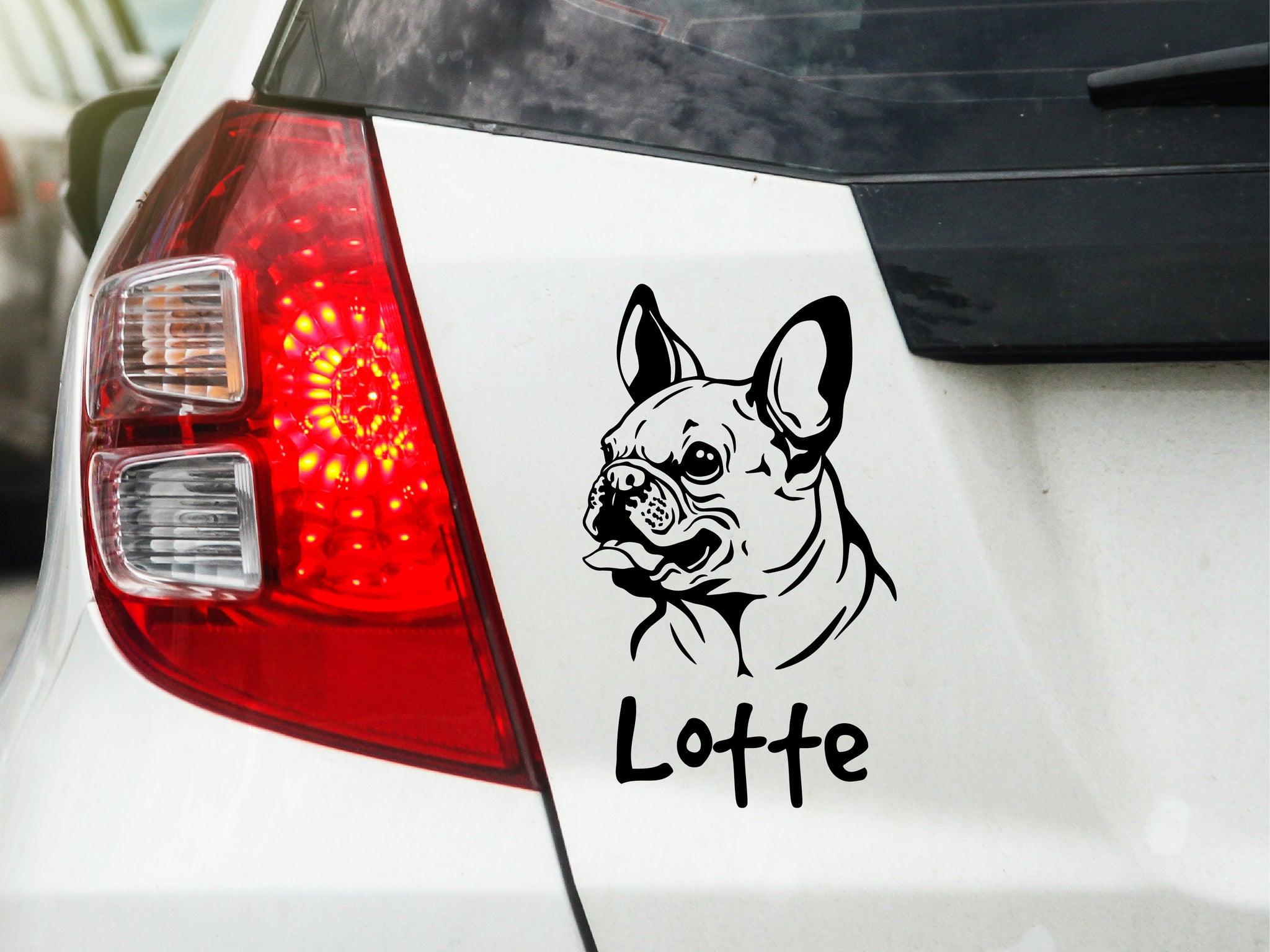 Autoaufkleber Hund Französische Bulldogge mit Wunschname Folienhain.de
