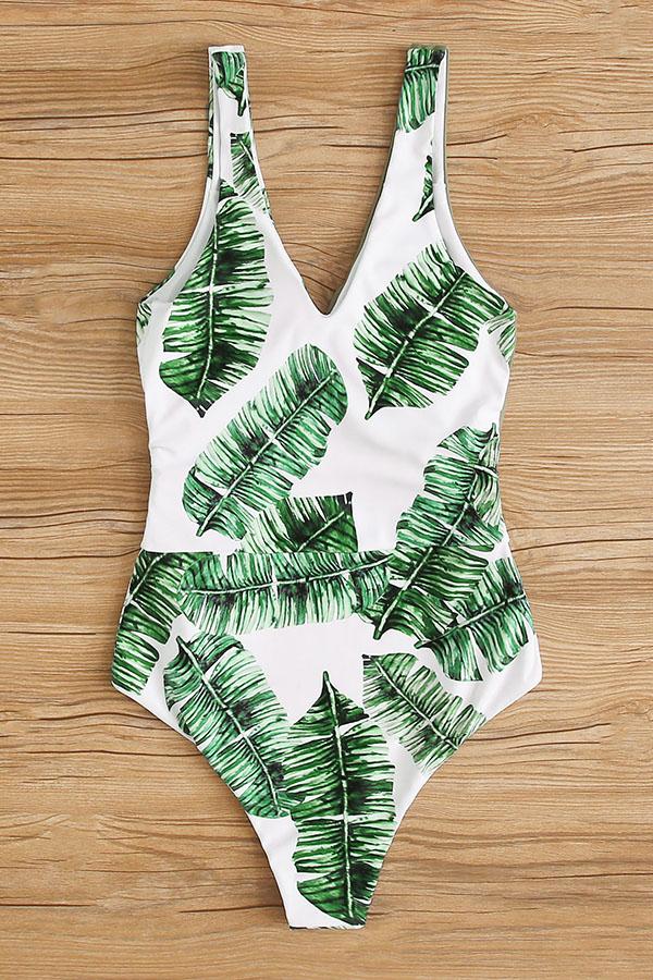 Tropical Printed Belted Halter One Piece Swimsuit-Charmo
