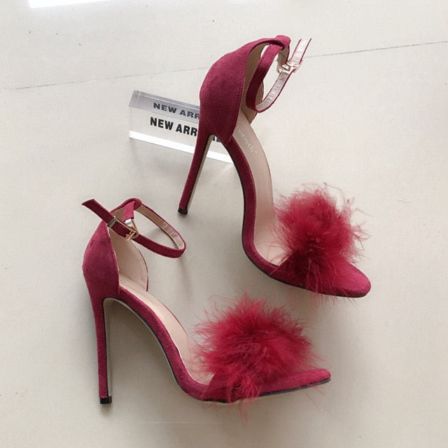 Red wine feather stilettos, high heels 