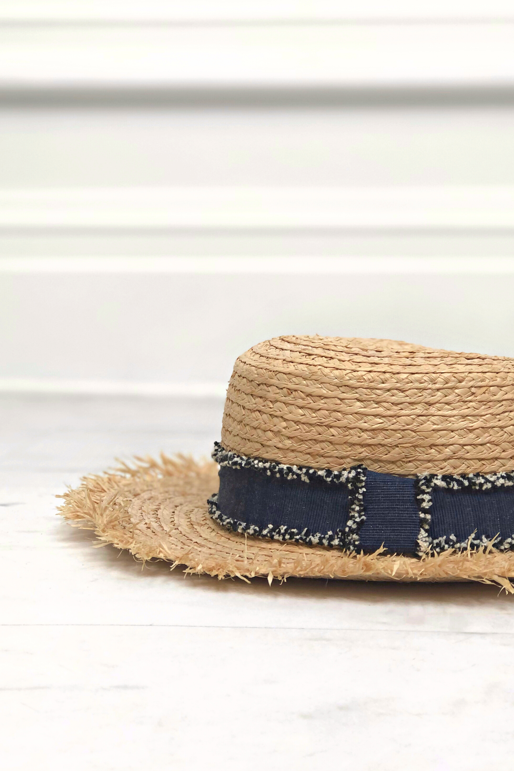 Frayed Beige Boater Hat Navy Ribbon